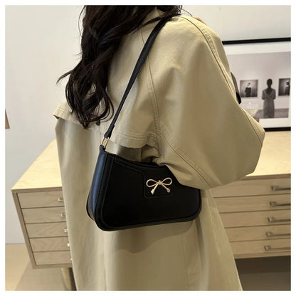 Stylish Shoulder Bag with Metal Bow Decoration, Versatile Underarm Bag, Classic Brown and Black Baguette Bag for Women Daily Use
