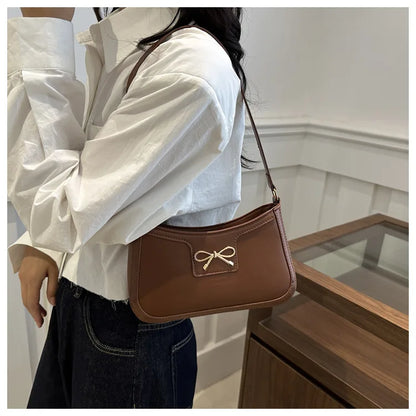 Stylish Shoulder Bag with Metal Bow Decoration, Versatile Underarm Bag, Classic Brown and Black Baguette Bag for Women Daily Use