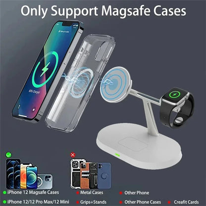 Magsafe wireless charger stand with iPhone and Apple Watch, supports Magsafe cases only.