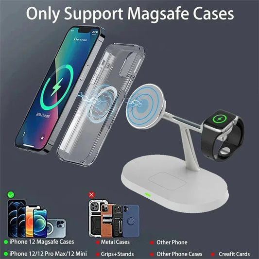 Magsafe wireless charger stand with iPhone and Apple Watch, supports Magsafe cases only.
