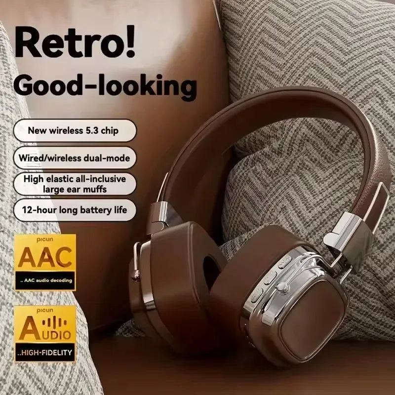 Retro brown wireless headphones with large ear muffs on a cushion, Bluetooth 5.3, AAC audio