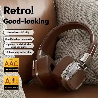Retro brown wireless headphones with large ear muffs on a cushion, Bluetooth 5.3, AAC audio