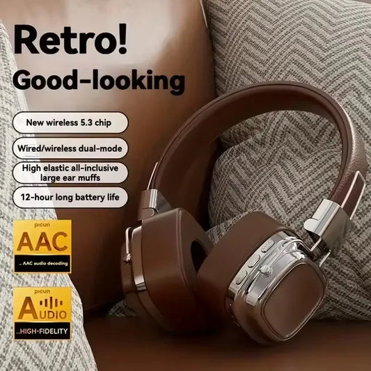 Retro brown wireless headphones with large ear muffs on a cushion, Bluetooth 5.3, AAC audio