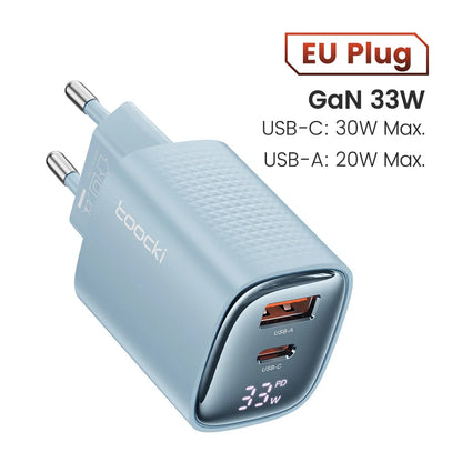 Toocki 33W GaN USB C Charger Digital Display PD Fast Charging For iPhone 15 14 Max Pro iPad For Xiaomi Poco Samsung S23 Charger