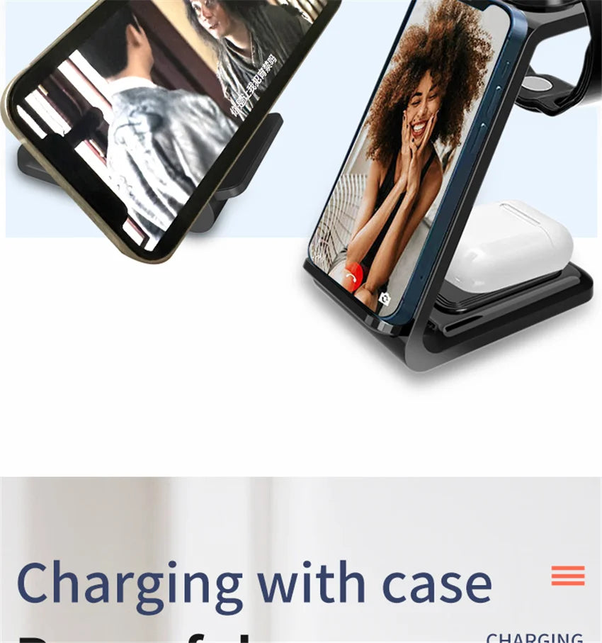 Wireless charging stand holding smartphone and earbuds, multitasking dock for devices