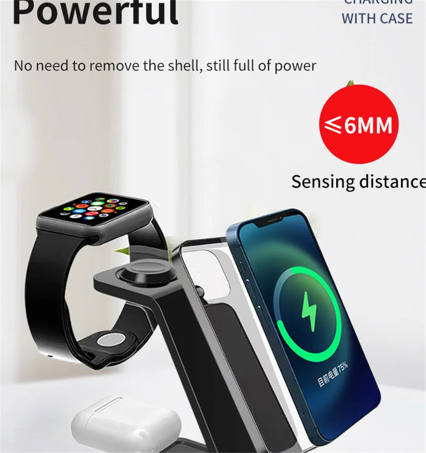 3-in-1 wireless charging station for smartphone, smartwatch, and earbuds