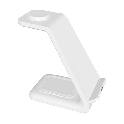 White 3-in-1 wireless charging stand for phone, smartwatch, and earbuds