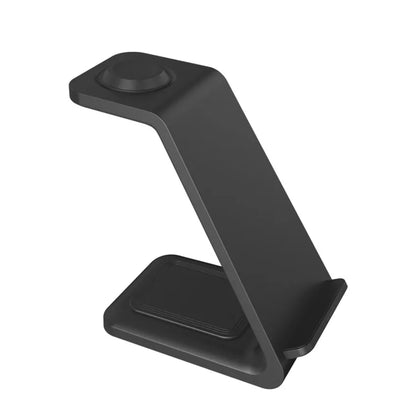 Black Z-shaped wireless charging stand for phone and smartwatch on white background