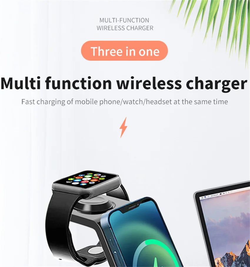 Three-in-one multi-function wireless charger for phone, smartwatch, and headset.