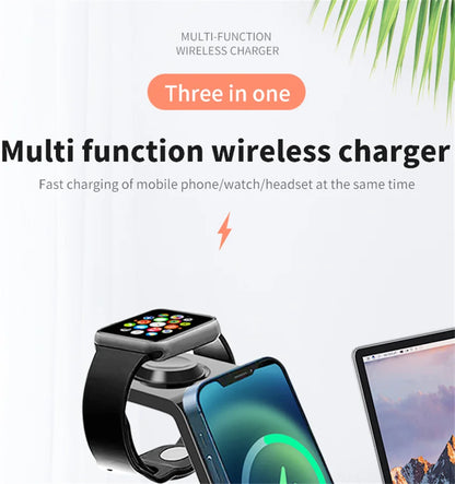 Three-in-one multi-function wireless charger for phone, smartwatch, and headset.