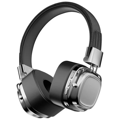 Black wireless over-ear headphones with metal accents and side control buttons