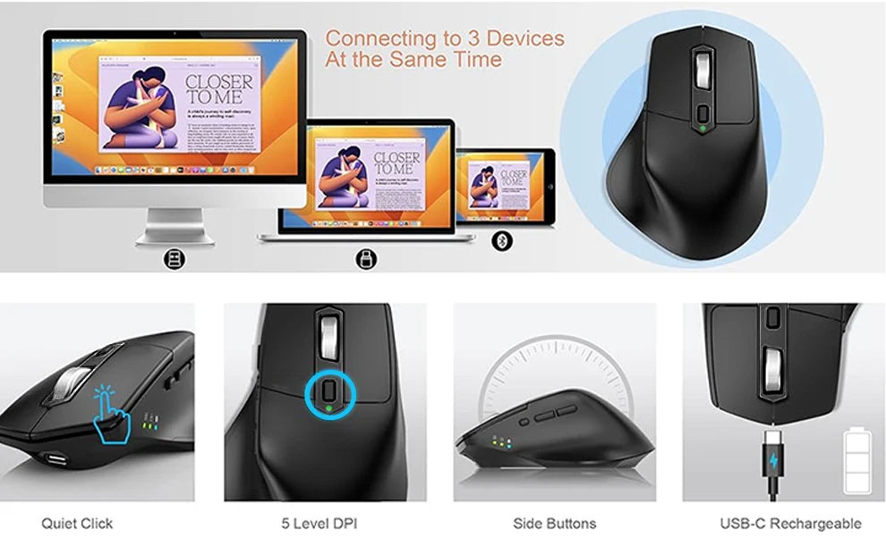 Multi-Device Wireless Bluetooth Mouse Ergonomic Silent Clicking USB Rechargeable Mouse for Computer Desktop PC Laptop Mac iPad