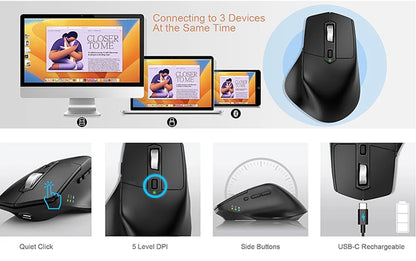 Multi-Device Wireless Bluetooth Mouse Ergonomic Silent Clicking USB Rechargeable Mouse for Computer Desktop PC Laptop Mac iPad