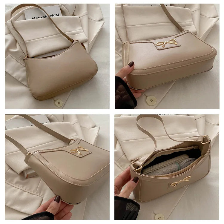 Stylish Shoulder Bag with Metal Bow Decoration, Versatile Underarm Bag, Classic Brown and Black Baguette Bag for Women Daily Use