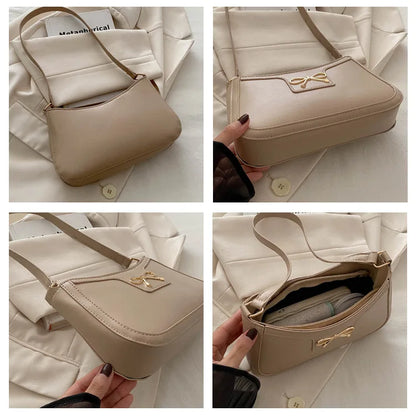 Stylish Shoulder Bag with Metal Bow Decoration, Versatile Underarm Bag, Classic Brown and Black Baguette Bag for Women Daily Use