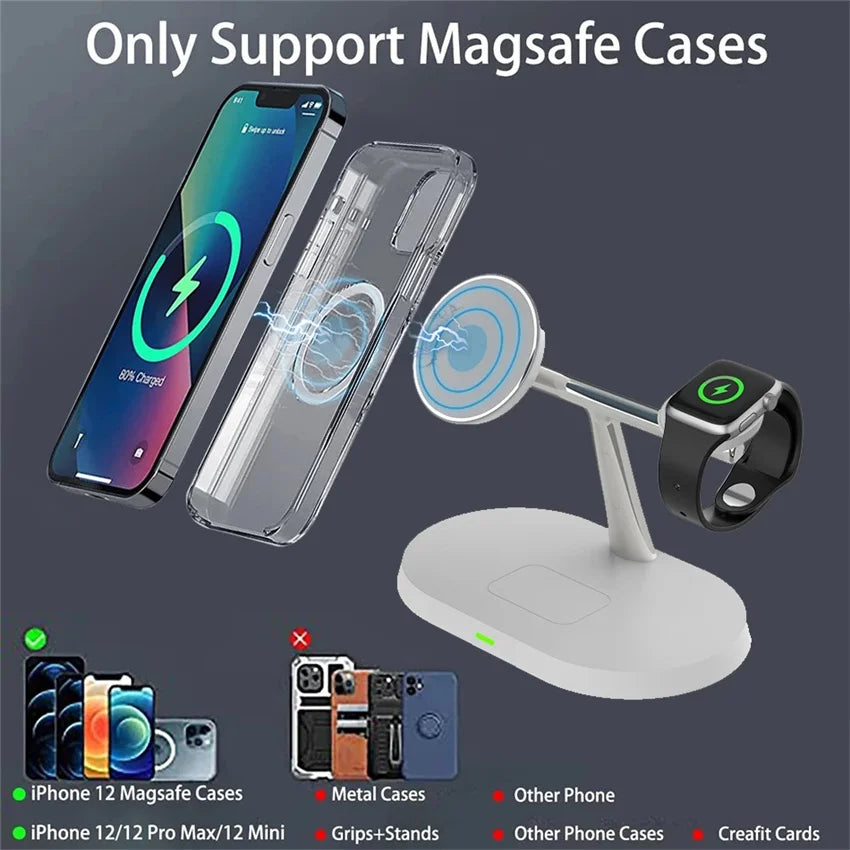 MagSafe wireless charging stand charging iPhone and smartwatch, compatible with MagSafe cases only.