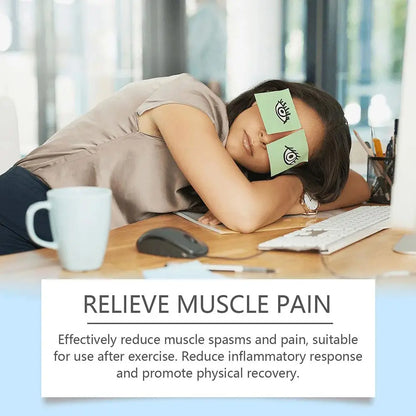 Tired office worker with eye-drawn sticky notes resting at desk near computer, relieve muscle pain concept