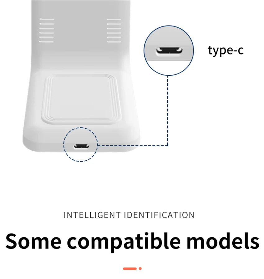 White wireless charging stand with USB Type-C port highlighted, compatible models shown
