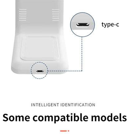 White wireless charging stand with USB Type-C port highlighted, compatible models shown