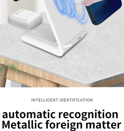 Wireless charging stand charging smartphone and earbuds on marble desk