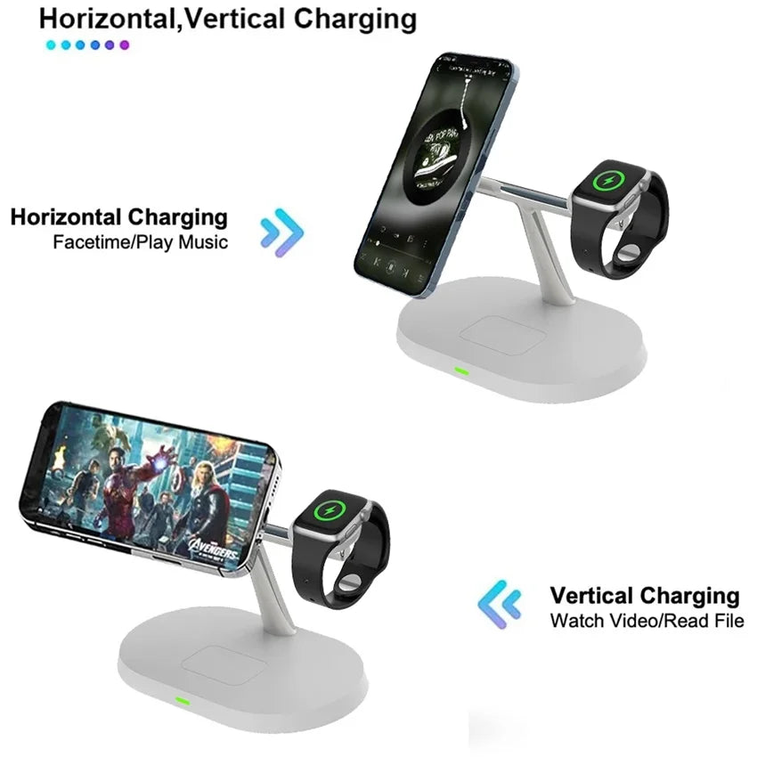 Dual wireless charging stand for phone and smartwatch, supports horizontal and vertical charging