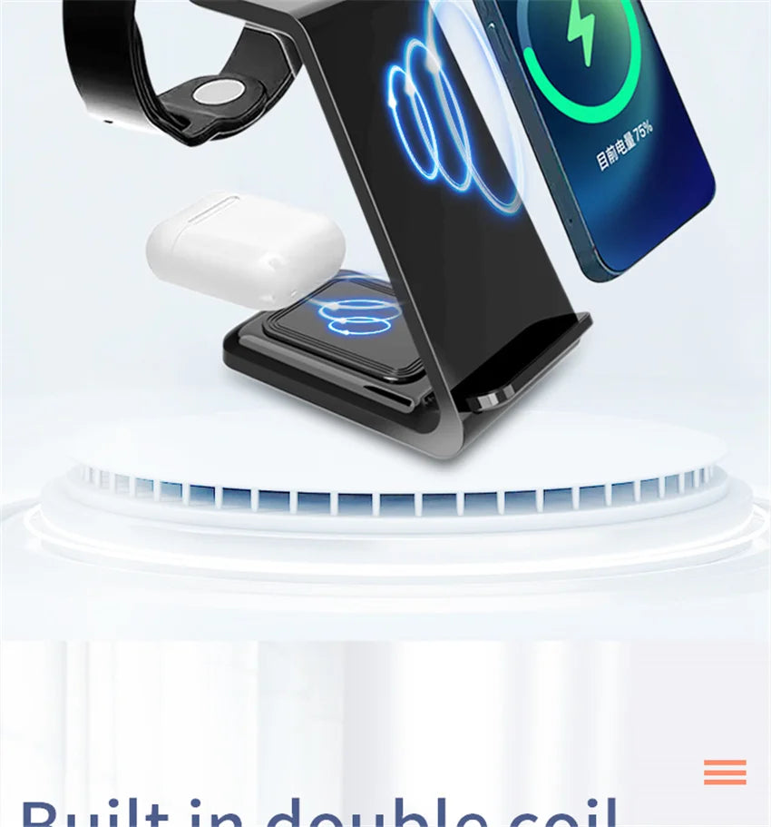 3-in-1 wireless charging station charging smartphone, smartwatch, and earbuds