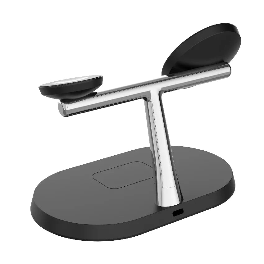 Black wireless charging stand with sleek design and dual charging pads on white background