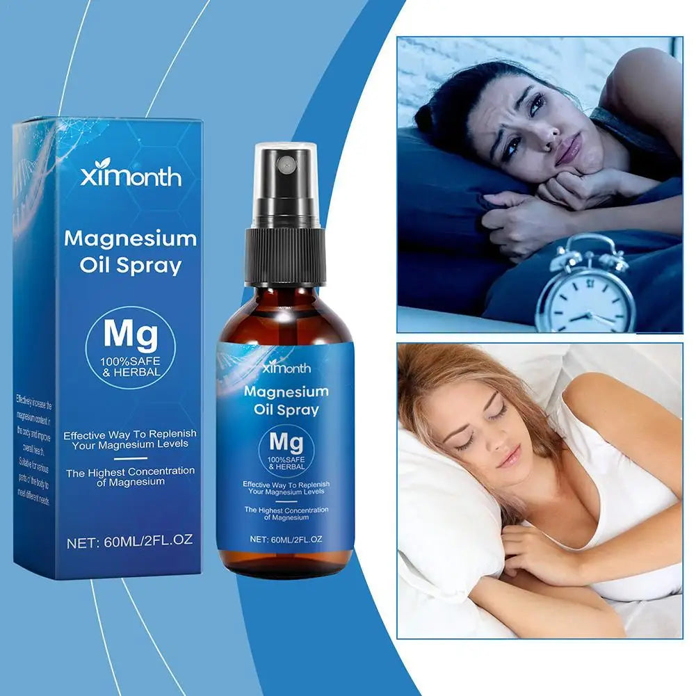 Ximonth Magnesium Oil Spray bottle with packaging, plus women struggling and sleeping in bed