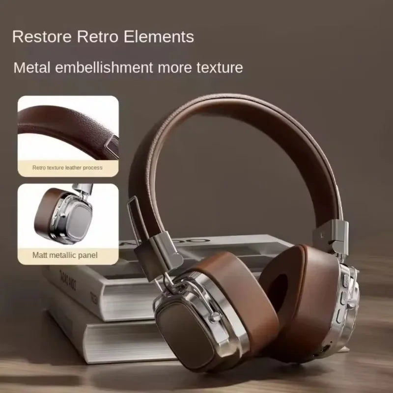 Brown retro-style over-ear headphones with metal accents on books, leather texture detail.
