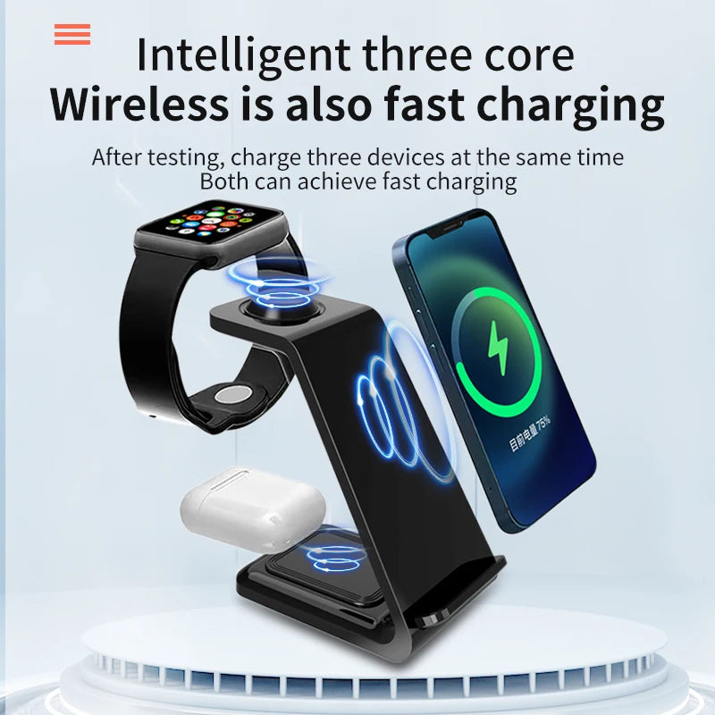 Wireless fast charging station charging smartphone, smartwatch, and earbuds simultaneously