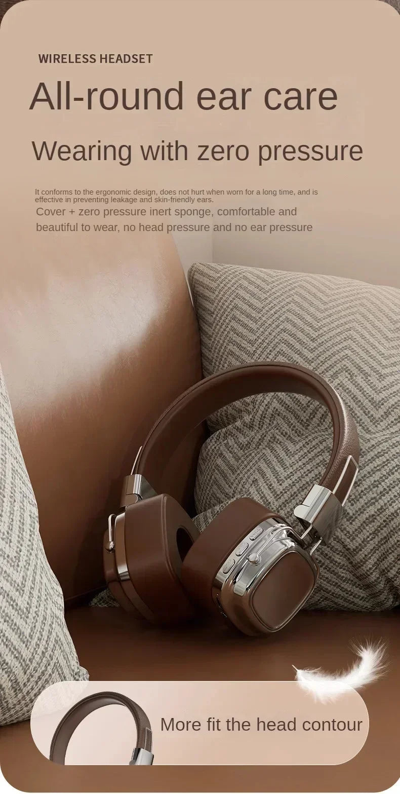 Brown wireless headset with cushioned ear cups on a sofa, ergonomic zero-pressure design