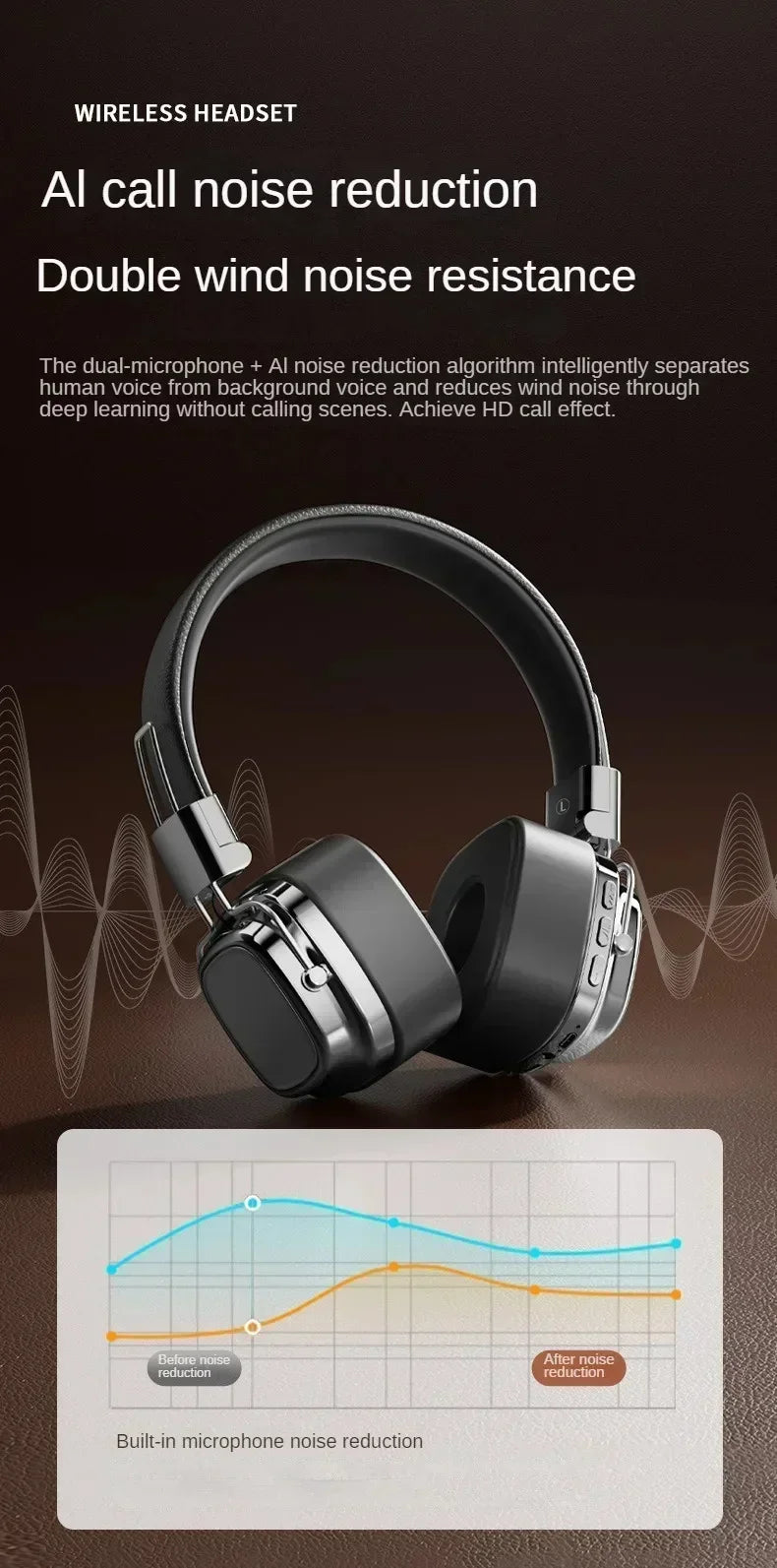 Wireless headset with AI call noise reduction, black design, noise reduction chart shown