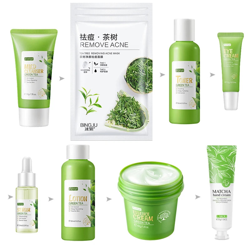 Facial Products Kit Sakura / Green Tea Face Cream Nourishing Skin Face Serum Fade Dark Circle Eye Cream Skincare Korean Cosmetic