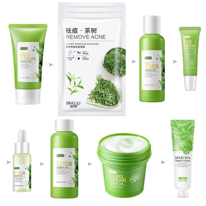 Facial Products Kit Sakura / Green Tea Face Cream Nourishing Skin Face Serum Fade Dark Circle Eye Cream Skincare Korean Cosmetic