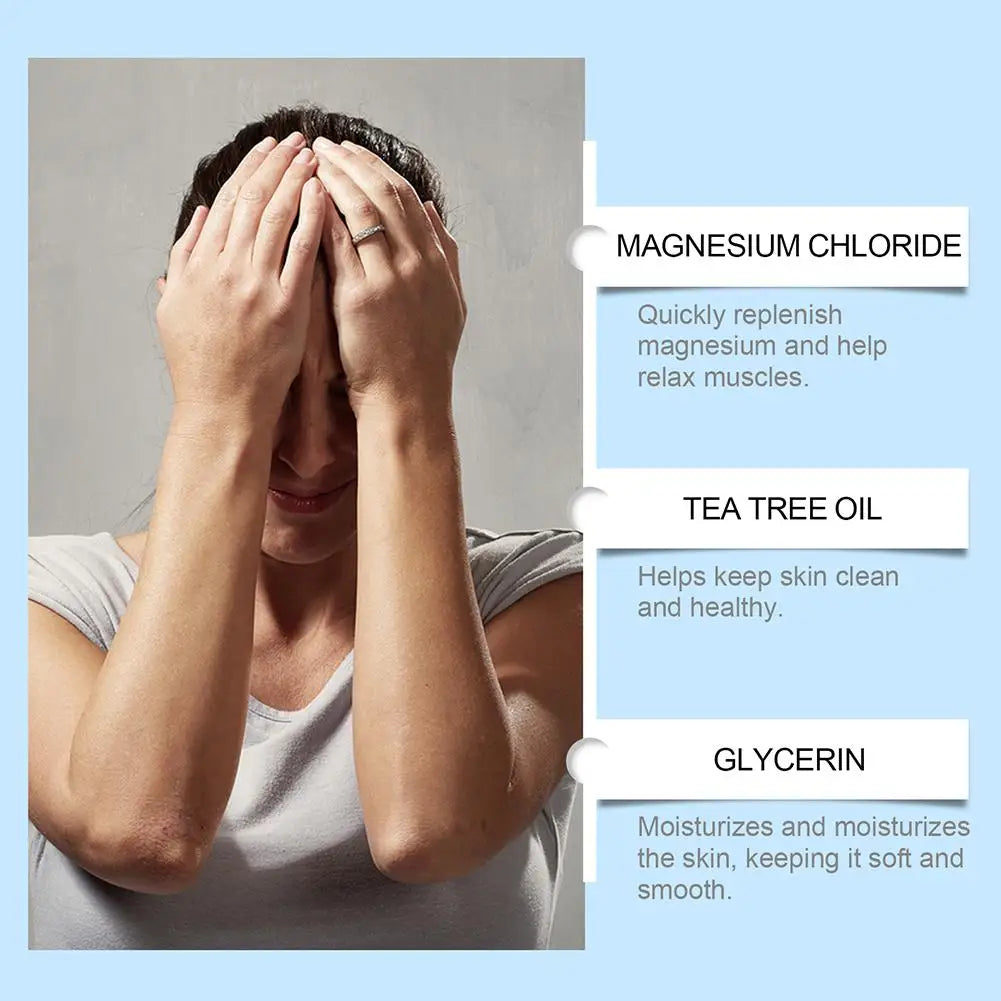 Woman with hands on face, highlighting magnesium chloride, tea tree oil, and glycerin benefits