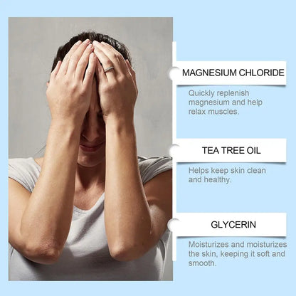 Woman with hands on face, highlighting magnesium chloride, tea tree oil, and glycerin benefits