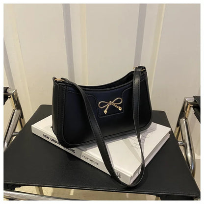 Stylish Shoulder Bag with Metal Bow Decoration, Versatile Underarm Bag, Classic Brown and Black Baguette Bag for Women Daily Use