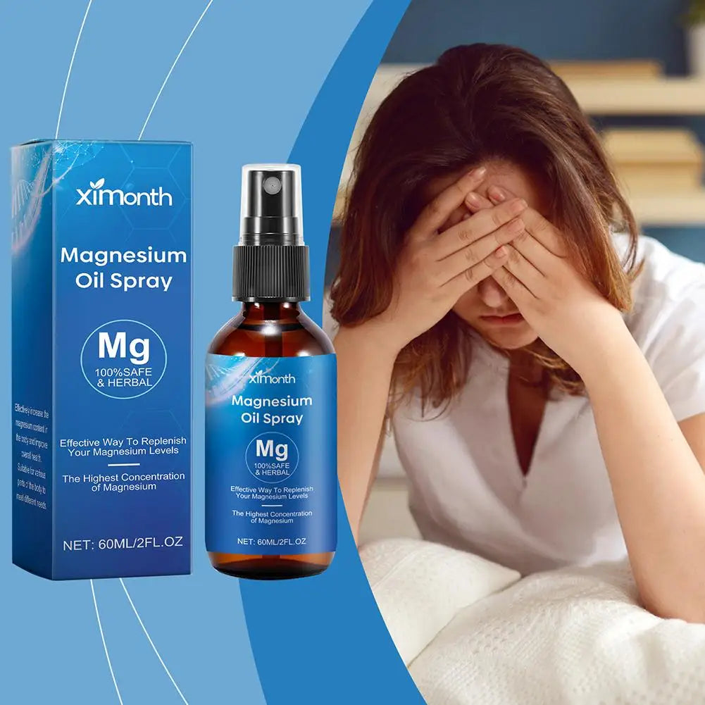 Ximonth Magnesium Oil Spray bottle and box with stressed woman sitting in background