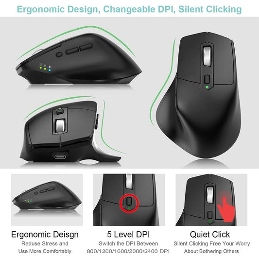 Multi-Device Wireless Bluetooth Mouse Ergonomic Silent Clicking USB Rechargeable Mouse for Computer Desktop PC Laptop Mac iPad