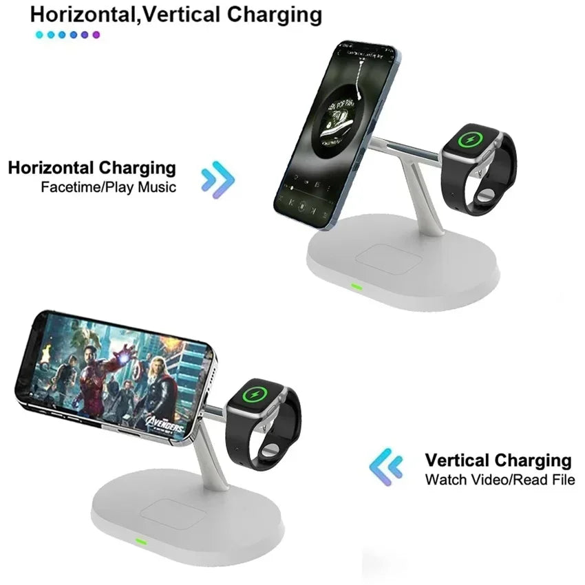 Dual wireless charging stand holds phone and smartwatch for vertical or horizontal charging.