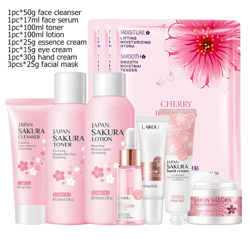 Facial Products Kit Sakura / Green Tea Face Cream Nourishing Skin Face Serum Fade Dark Circle Eye Cream Skincare Korean Cosmetic