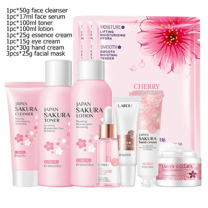 Facial Products Kit Sakura / Green Tea Face Cream Nourishing Skin Face Serum Fade Dark Circle Eye Cream Skincare Korean Cosmetic