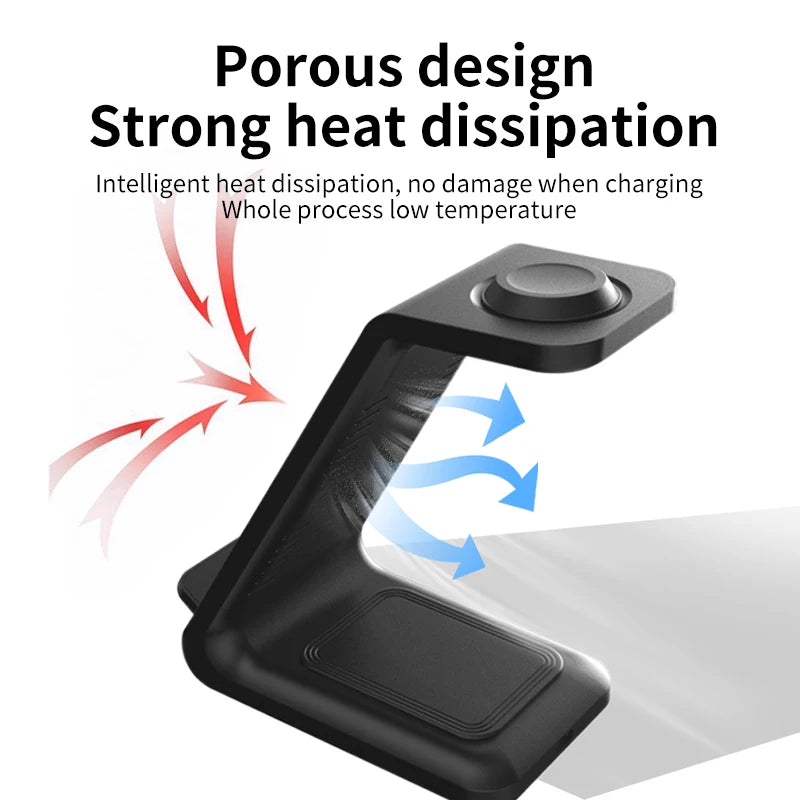 Black wireless charging stand with porous design for strong heat dissipation, airflow arrows.
