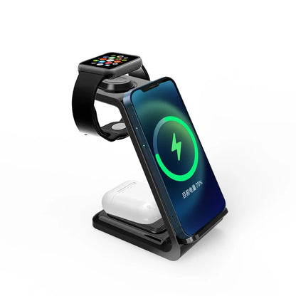 3-in-1 wireless charging station for iPhone, Apple Watch, and AirPods on white background