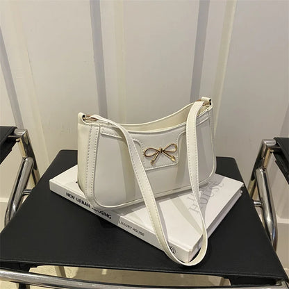 Stylish Shoulder Bag with Metal Bow Decoration, Versatile Underarm Bag, Classic Brown and Black Baguette Bag for Women Daily Use