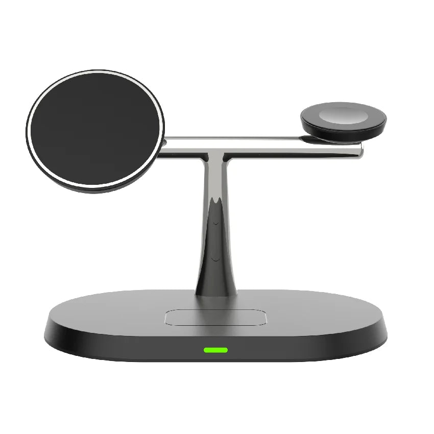 Black and silver wireless charging stand with dual charging pads on a white background