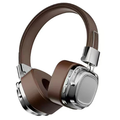 Brown over-ear wireless headphones with metallic accents and control buttons