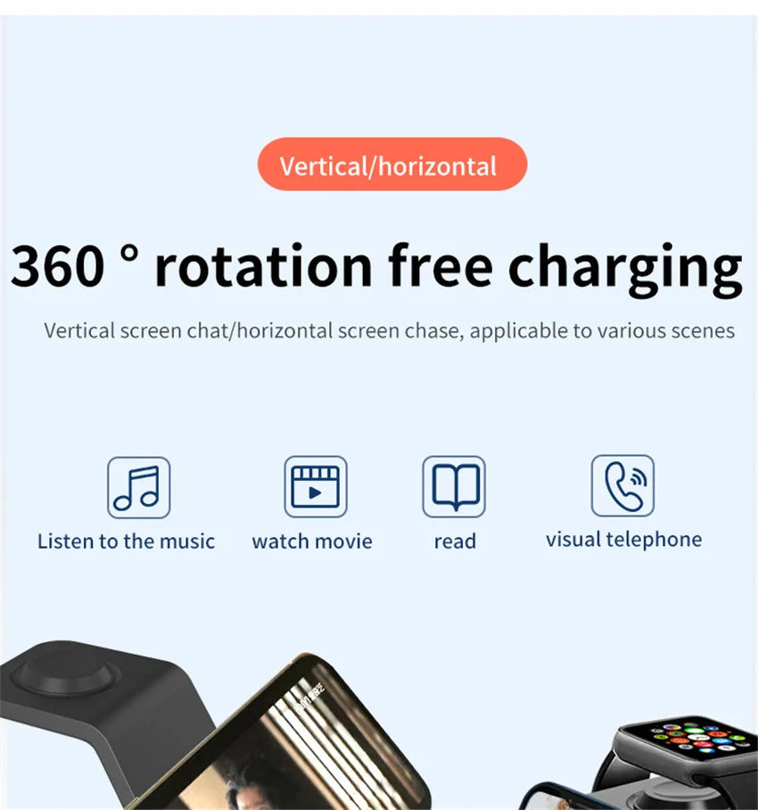 360° rotating wireless charger for phone and smartwatch, supports vertical and horizontal use.