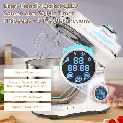 BioloMix 1200W Kitchen Food Stand Mixer, 11-Speeds DC Motor, Digital OLED Screen, Electric Food Mixer with Dough Hook, Whisk