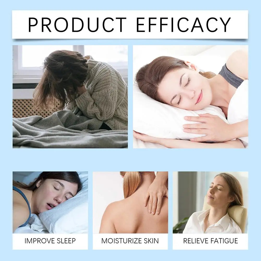 Collage showing women sleeping, relaxing, and receiving a massage, with text improve sleep, moisturize skin, relieve fatigue.